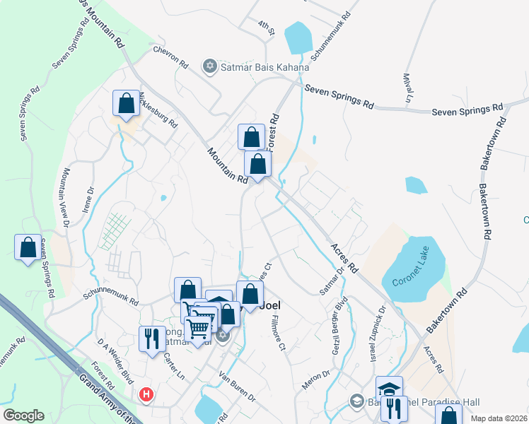 map of restaurants, bars, coffee shops, grocery stores, and more near 37 Satmar Drive in Monroe