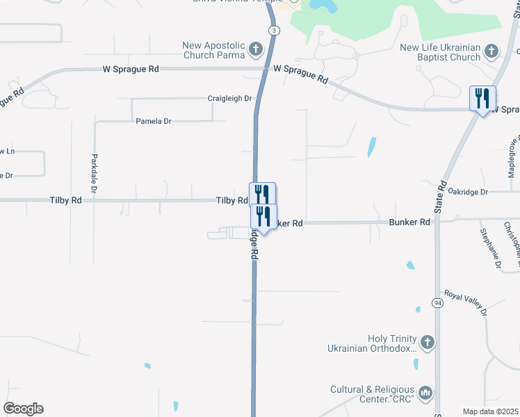 map of restaurants, bars, coffee shops, grocery stores, and more near 6824 Bunker Road in North Royalton