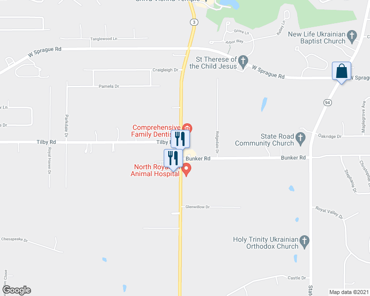 map of restaurants, bars, coffee shops, grocery stores, and more near 8607 Ridge Road in North Royalton