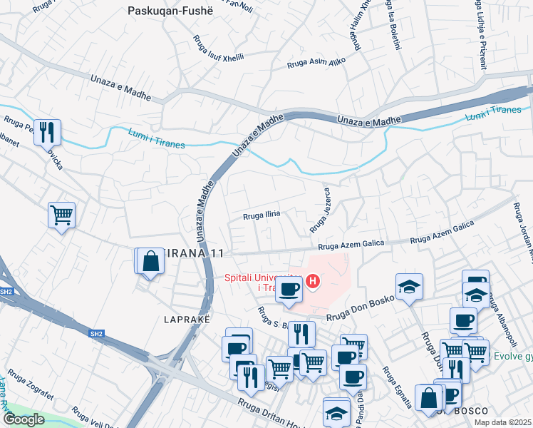 map of restaurants, bars, coffee shops, grocery stores, and more near Rruga Iliria in Tiranë
