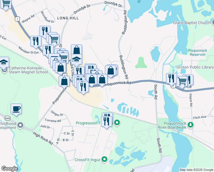 map of restaurants, bars, coffee shops, grocery stores, and more near 1043 Poquonnock Road in Groton