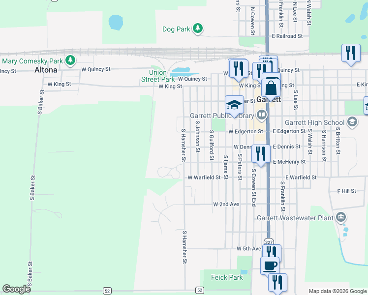 map of restaurants, bars, coffee shops, grocery stores, and more near 500 South Hamsher Street in Garrett