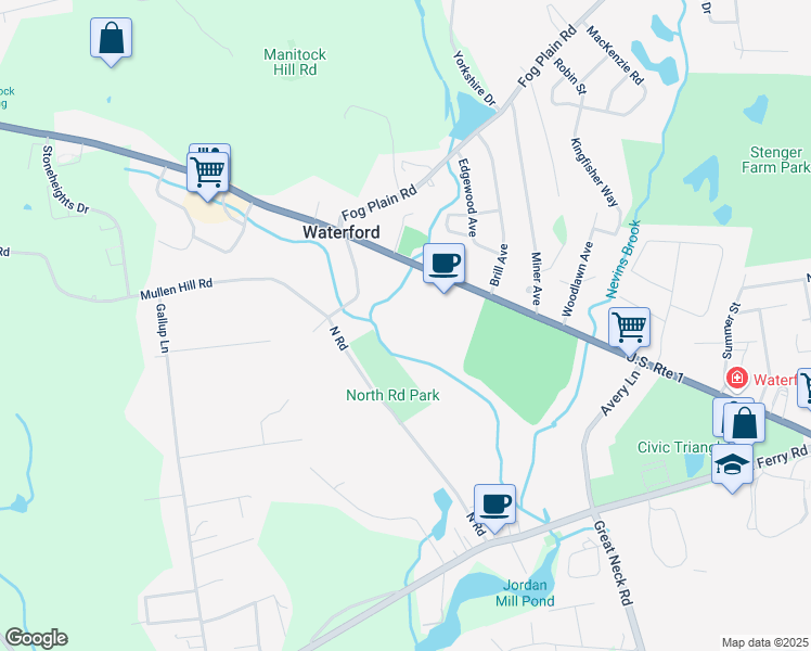 map of restaurants, bars, coffee shops, grocery stores, and more near 270 Boston Post Road in Waterford