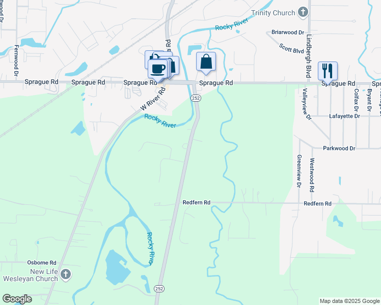 map of restaurants, bars, coffee shops, grocery stores, and more near 10309 East River Road in Columbia Station