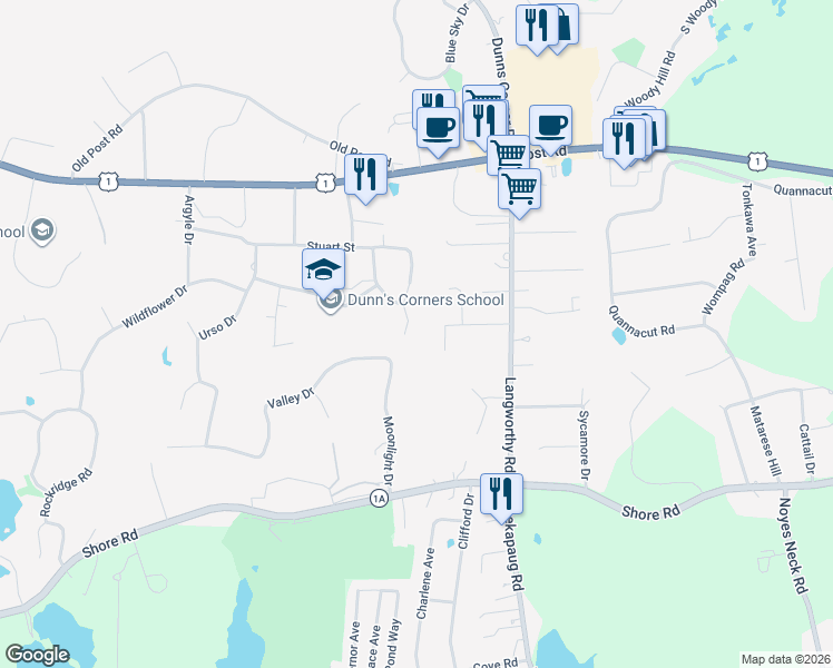 map of restaurants, bars, coffee shops, grocery stores, and more near 47 Moonlight Drive in Westerly