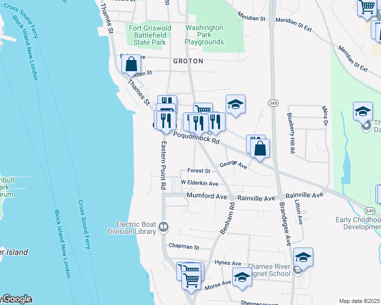 map of restaurants, bars, coffee shops, grocery stores, and more near 39 Chicago Avenue in Groton