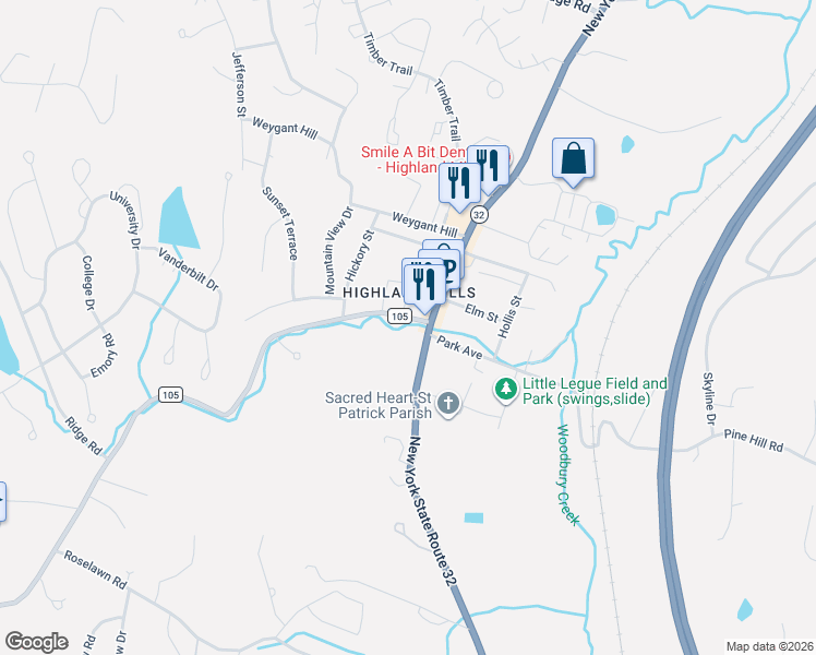map of restaurants, bars, coffee shops, grocery stores, and more near 497 New York 32 in Woodbury