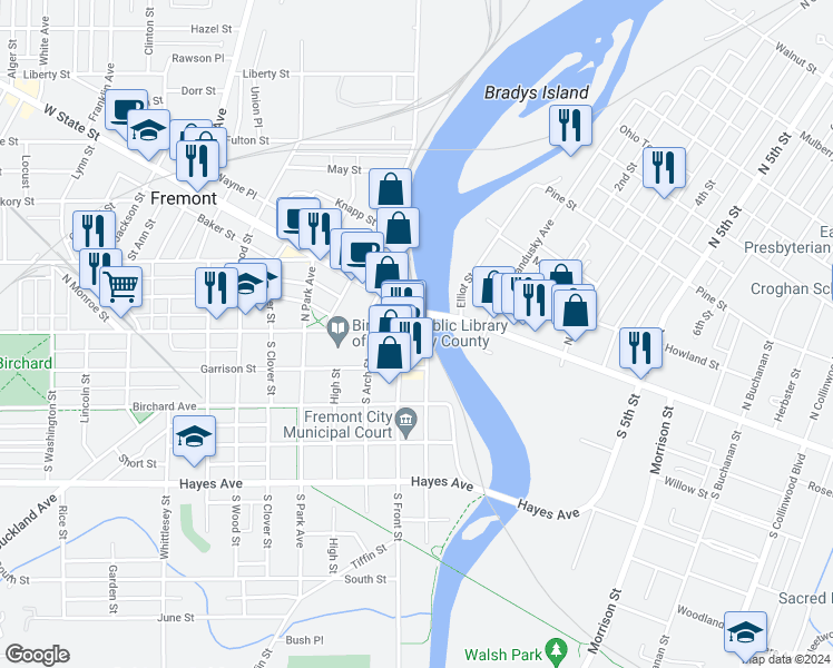 map of restaurants, bars, coffee shops, grocery stores, and more near 113 South Front Street in Fremont