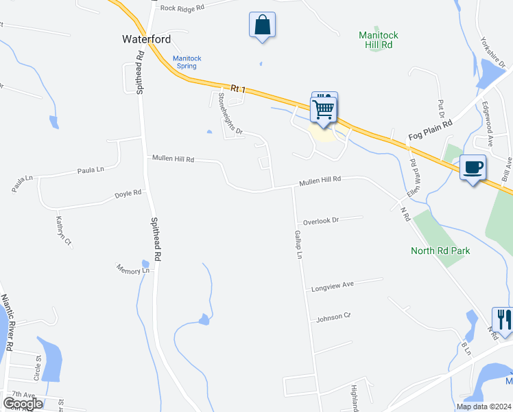 map of restaurants, bars, coffee shops, grocery stores, and more near 56R Mullen Hill Road in Waterford