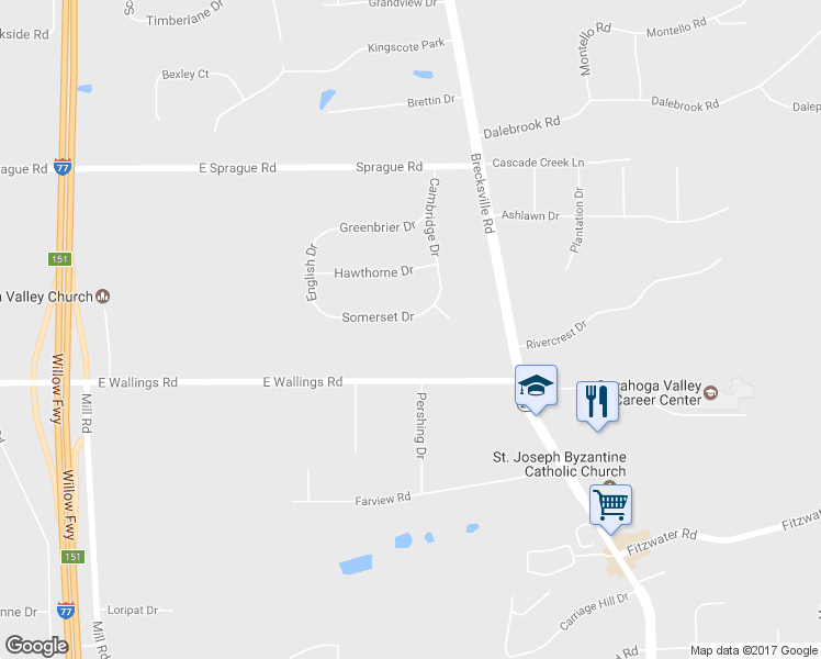 map of restaurants, bars, coffee shops, grocery stores, and more near 6814 Somerset Drive in Brecksville