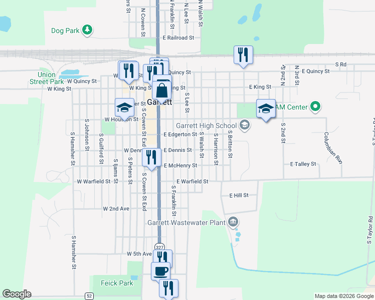 map of restaurants, bars, coffee shops, grocery stores, and more near 301 East Dennis Street in Garrett