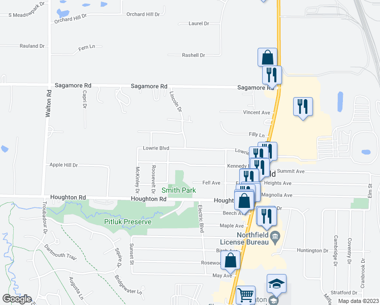 map of restaurants, bars, coffee shops, grocery stores, and more near 180 Lowrie Boulevard in Northfield