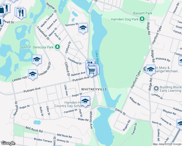 map of restaurants, bars, coffee shops, grocery stores, and more near 39 Putnam Avenue in Hamden