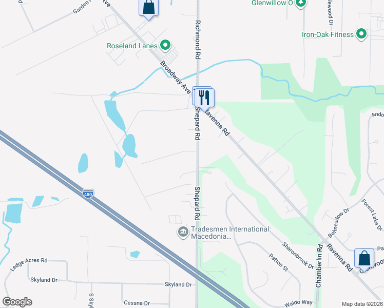 map of restaurants, bars, coffee shops, grocery stores, and more near 9956 Shepard Road in Macedonia