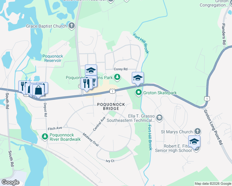 map of restaurants, bars, coffee shops, grocery stores, and more near 8 Central Avenue in Groton