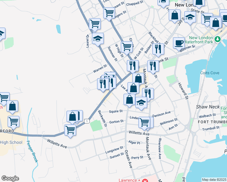 map of restaurants, bars, coffee shops, grocery stores, and more near 26 Carroll Court in New London