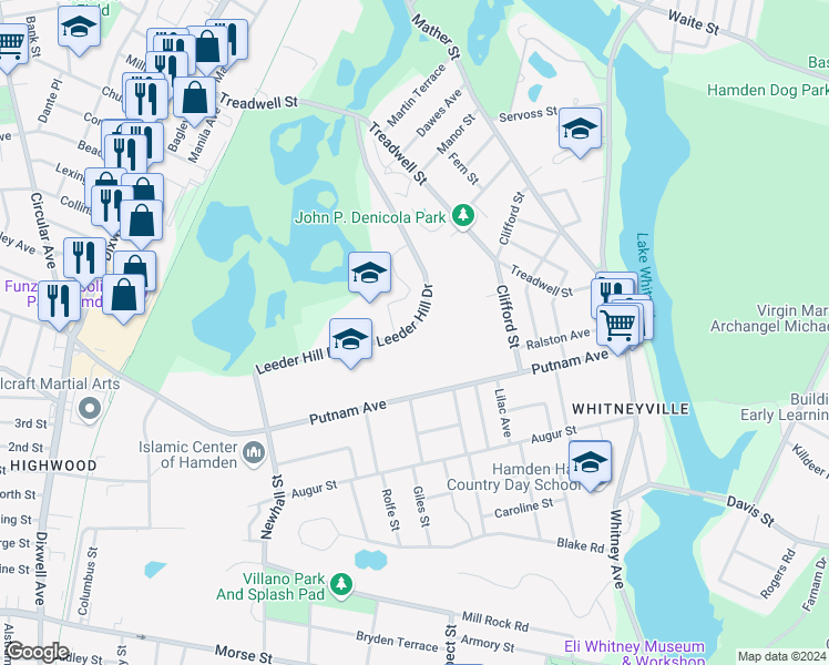 map of restaurants, bars, coffee shops, grocery stores, and more near 153 Leeder Hill Drive in Hamden