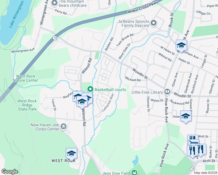map of restaurants, bars, coffee shops, grocery stores, and more near 26a Catherine Way in New Haven