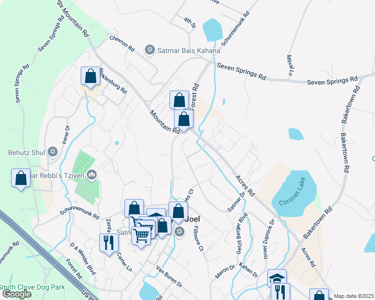 map of restaurants, bars, coffee shops, grocery stores, and more near 37 Satmar Drive in Monroe