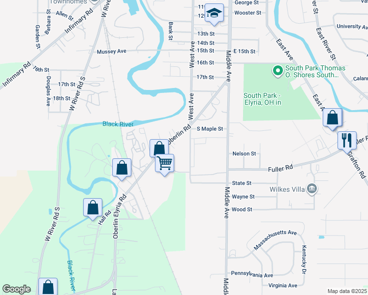 map of restaurants, bars, coffee shops, grocery stores, and more near 310 Oberlin Road in Elyria
