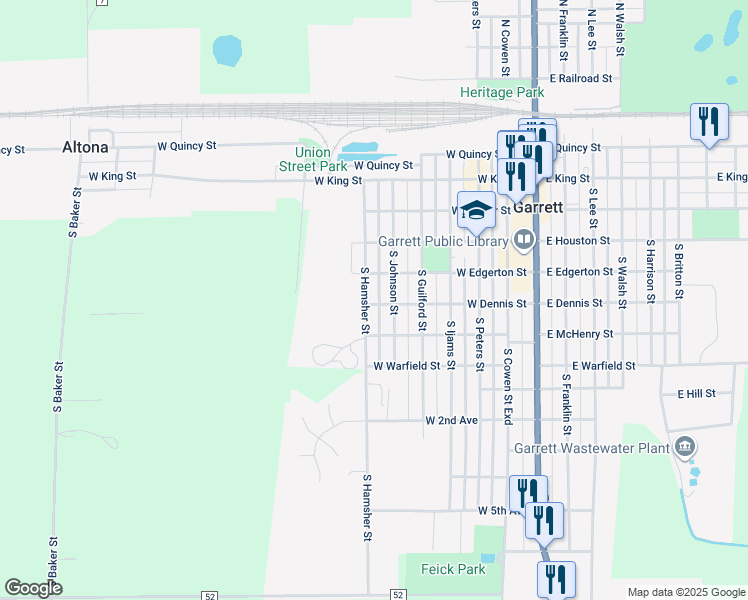 map of restaurants, bars, coffee shops, grocery stores, and more near 500-598 South Hamsher Street in Garrett