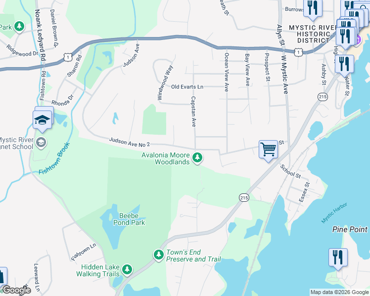map of restaurants, bars, coffee shops, grocery stores, and more near 31 Judson Avenue in Groton