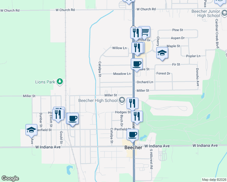 map of restaurants, bars, coffee shops, grocery stores, and more near 538 Miller Street in Beecher