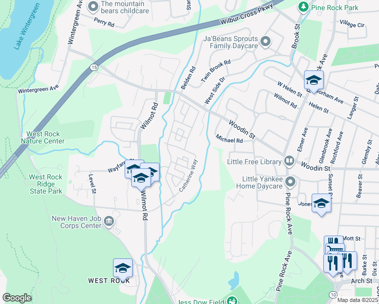 map of restaurants, bars, coffee shops, grocery stores, and more near 26a Catherine Way in New Haven