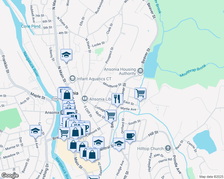 map of restaurants, bars, coffee shops, grocery stores, and more near 73 Garden Street in Ansonia