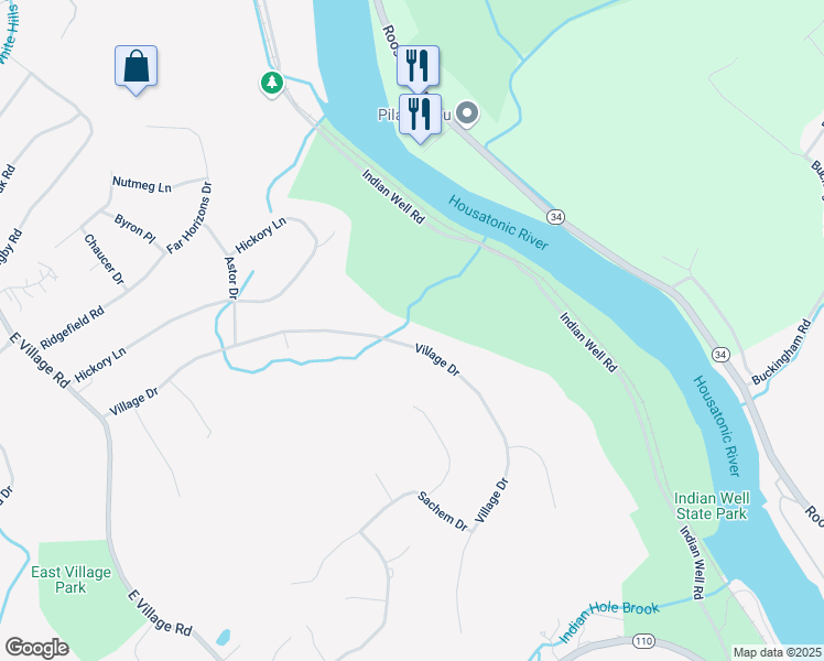 map of restaurants, bars, coffee shops, grocery stores, and more near 87 Village Drive in Shelton