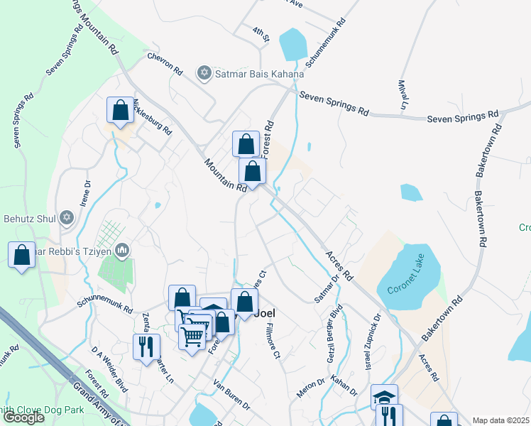 map of restaurants, bars, coffee shops, grocery stores, and more near 37 Satmar Drive in Monroe