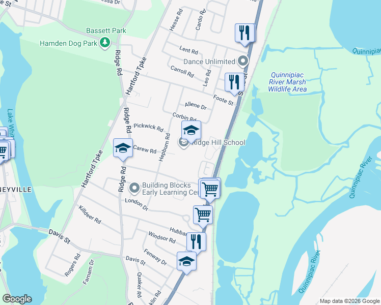 map of restaurants, bars, coffee shops, grocery stores, and more near 120 Carew Road in Hamden