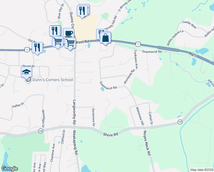 map of restaurants, bars, coffee shops, grocery stores, and more near 44 Quannacut Road in Westerly