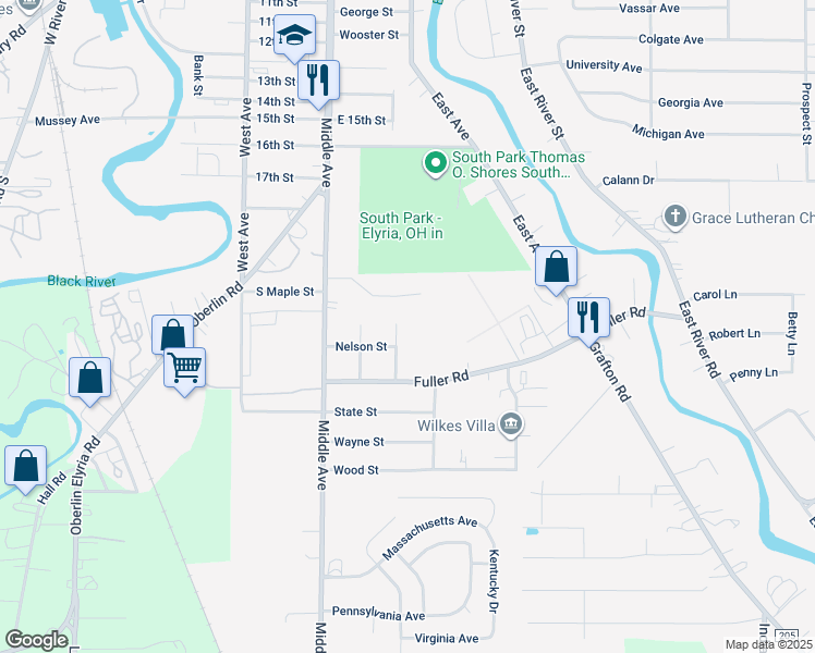 map of restaurants, bars, coffee shops, grocery stores, and more near 2034 Scott Court in Elyria