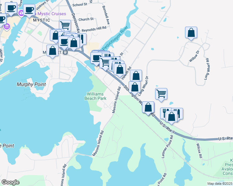 map of restaurants, bars, coffee shops, grocery stores, and more near 193 Masons Island Road in Stonington