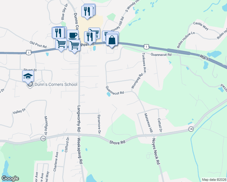 map of restaurants, bars, coffee shops, grocery stores, and more near 44 Quannacut Road in Westerly