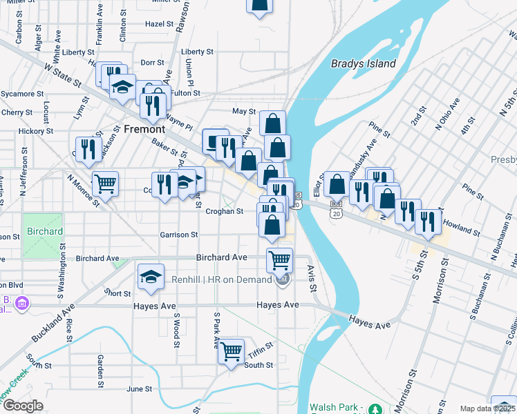 map of restaurants, bars, coffee shops, grocery stores, and more near S Arch St in Fremont