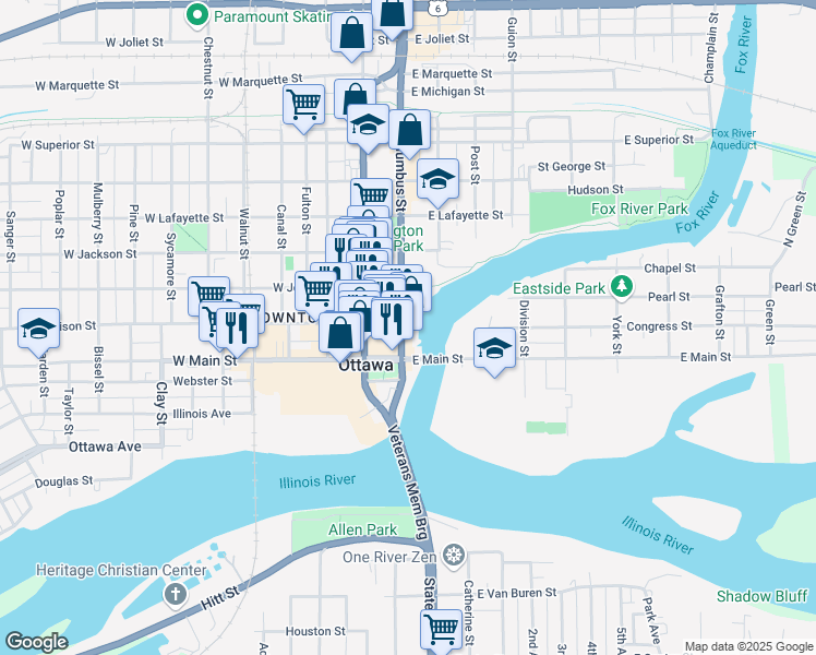 map of restaurants, bars, coffee shops, grocery stores, and more near 110 East Main Street in Ottawa