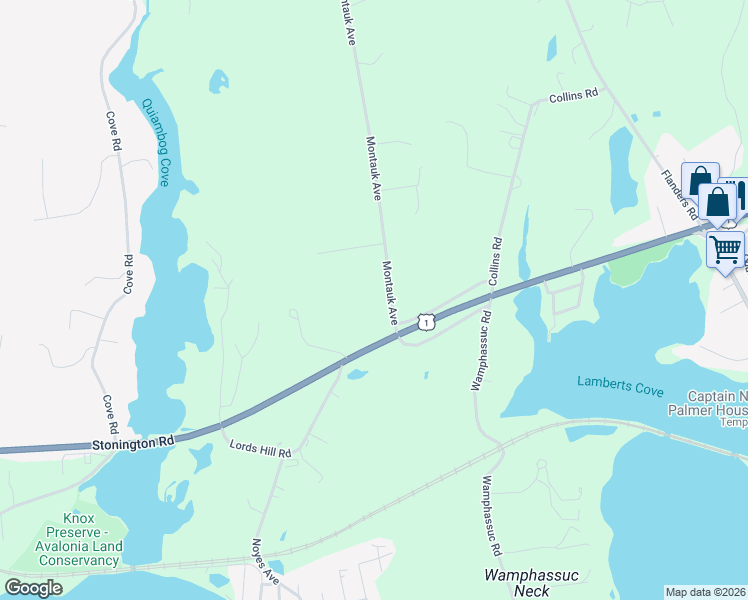 map of restaurants, bars, coffee shops, grocery stores, and more near 15 Montauk Avenue in Stonington