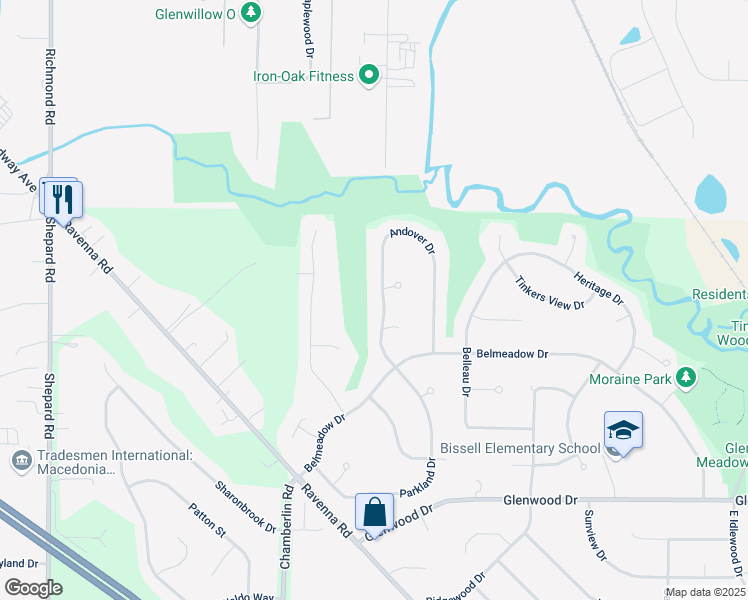map of restaurants, bars, coffee shops, grocery stores, and more near 10180 Andover Drive in Twinsburg