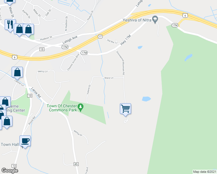 map of restaurants, bars, coffee shops, grocery stores, and more near 3 Stacey Lane in Chester