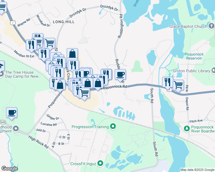 map of restaurants, bars, coffee shops, grocery stores, and more near 71 Laurelwood Road in Groton