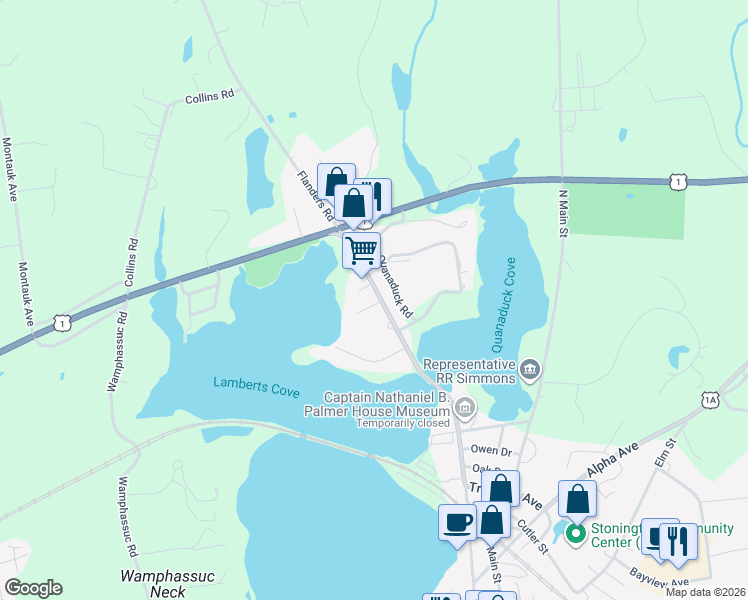 map of restaurants, bars, coffee shops, grocery stores, and more near 270 North Water Street in Stonington