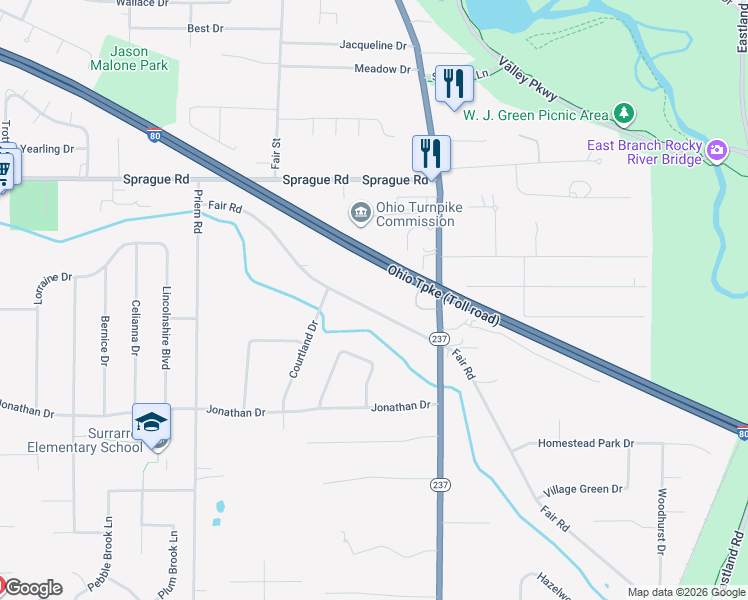 map of restaurants, bars, coffee shops, grocery stores, and more near 8523 Fair Road in Strongsville