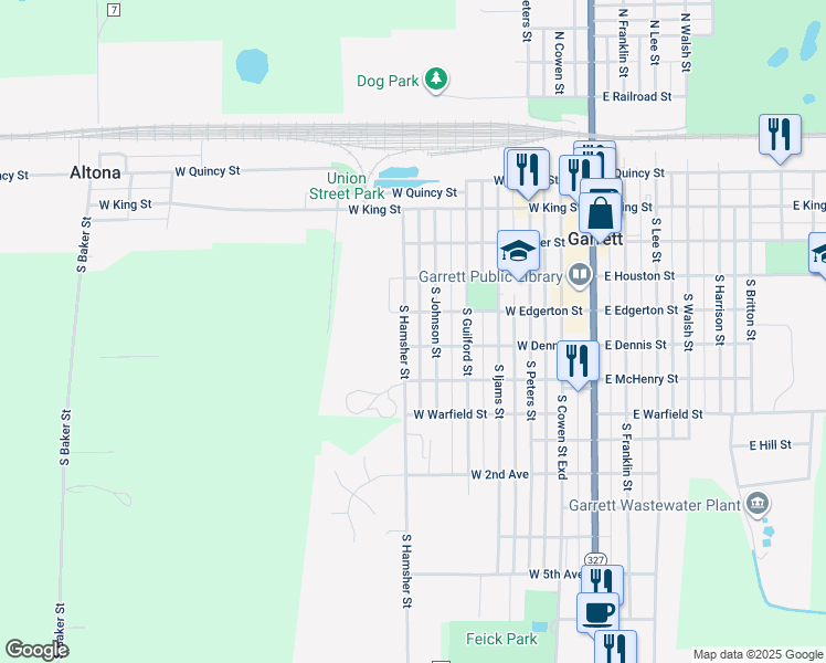 map of restaurants, bars, coffee shops, grocery stores, and more near 608 West Dennis Street in Garrett