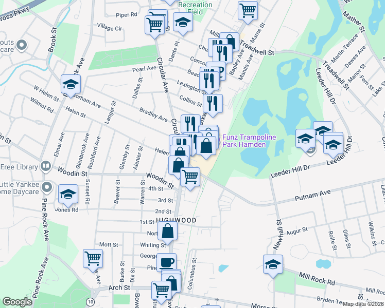 map of restaurants, bars, coffee shops, grocery stores, and more near 1245 Dixwell Avenue in Hamden