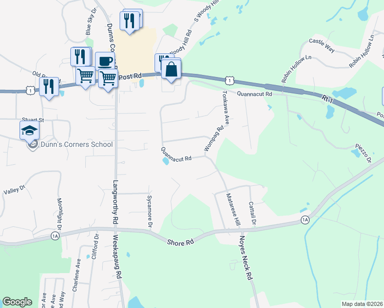 map of restaurants, bars, coffee shops, grocery stores, and more near 4 Wetomachick Avenue in Westerly