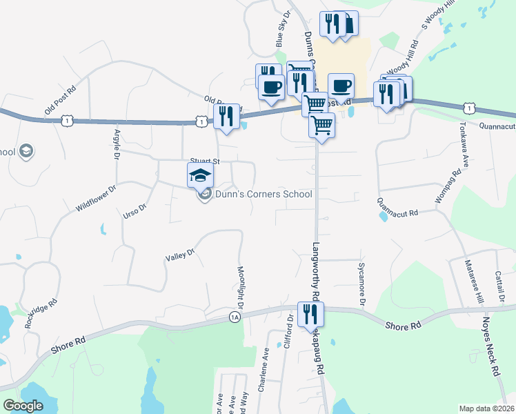 map of restaurants, bars, coffee shops, grocery stores, and more near 16 Stuart Street in Westerly