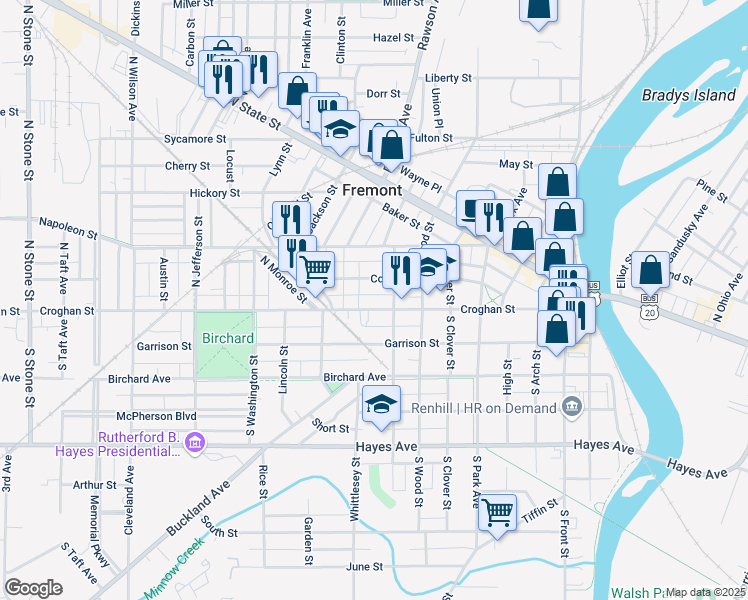 map of restaurants, bars, coffee shops, grocery stores, and more near 1003 Court Street in Fremont