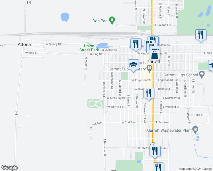 map of restaurants, bars, coffee shops, grocery stores, and more near 314 South Hamsher Street in Garrett